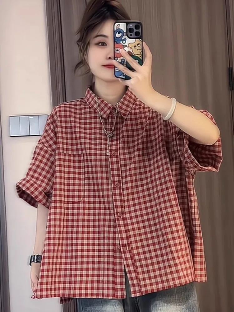 Plaid allentato ort Sve Casual irt Estate da donna New Sle College Wind Versatile per il tempo libero Top francese vintage Faionable