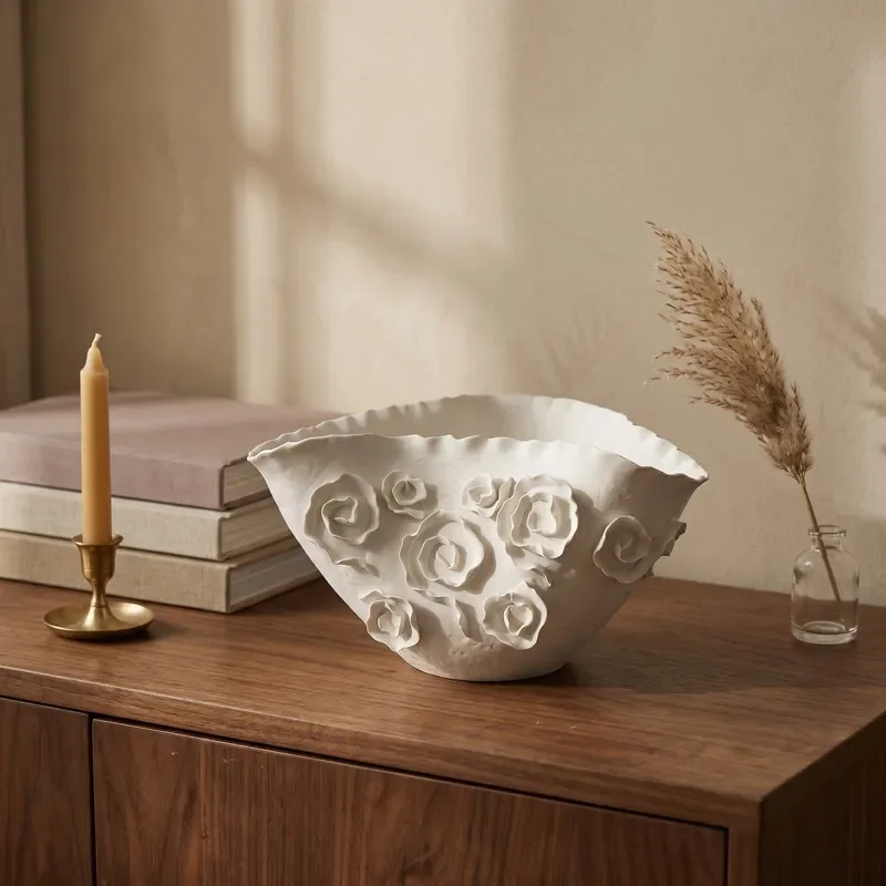 Jingdezhen French romantic style three-dimensional rose flower ceramic flower pot white handmade decoration high sense