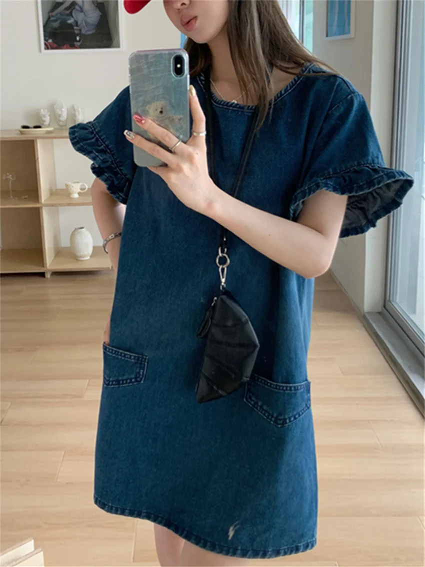 Alien Kitty Autumn Denim Mini Dress Sweet Daily Women New Vintage Gentle 2024 Slim Loose Streetwear OL Casual Short Sleeve