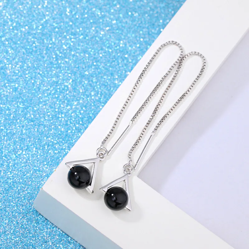 Fashion Piercing Ear Line Drop Earrings For Women Dangle Triangle Black Bead Long Box Chain Charming Female Earring Jewelry Gift