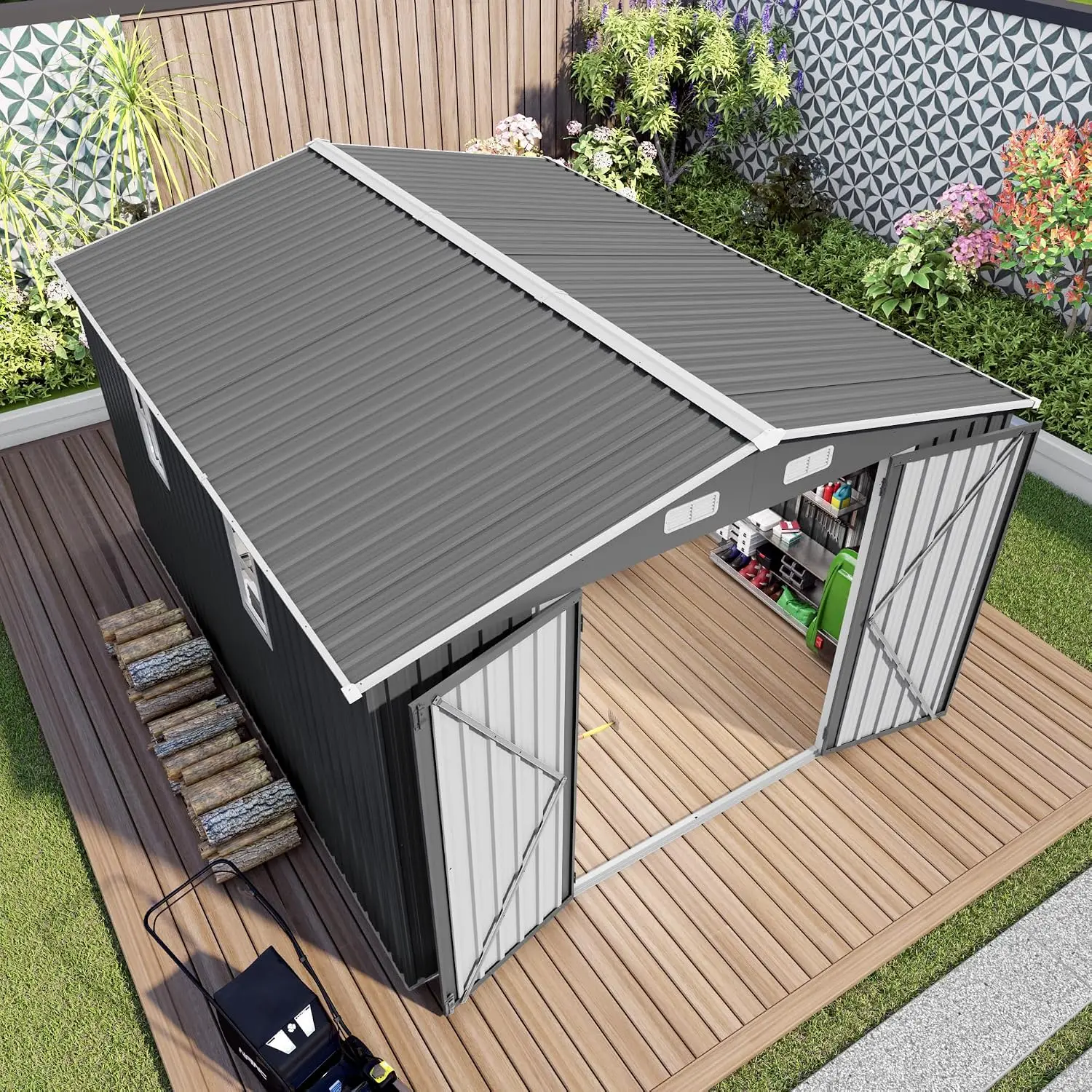 10x12FT Large Metal Outdoor Storage Shed with Window and Two Lockable Doors, Big Tool Shed for Garden, Backyard,, Customized