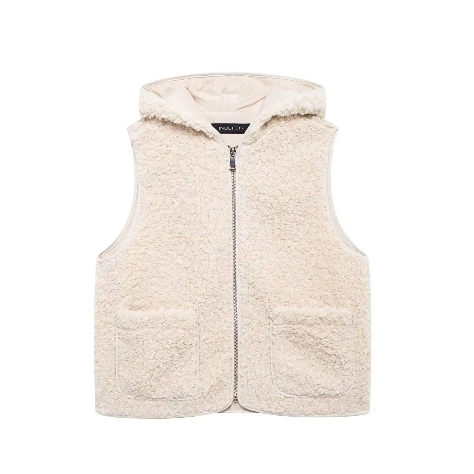 KONDALA Chic 2024 Streetwear Beige Vest Fashion Zipper Turn-down Collar Women Fuzzy Casual Winter Hooded Sleeveless Outwear