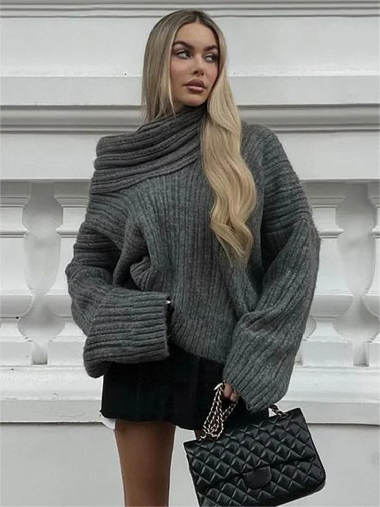 Tossy Off-Shoulder Solid Knit Sweater Women Casual Loose Long Sleeve Patchwork Oversized Sweater Slim Fashion Pullover Female