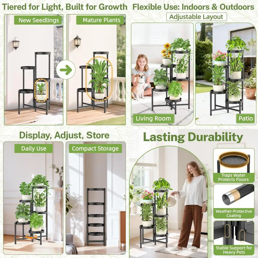

Подставка для растений для дома и улицы, 5-ярусная металлическая подставка-стеллаж, легко собирается, высокая подставка для орхидей или для патио, балкона, веранды