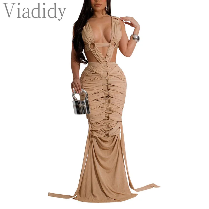 

Women Sexy Solid Color Hollow Out Bandage Lace-up Mermaid Party Dress