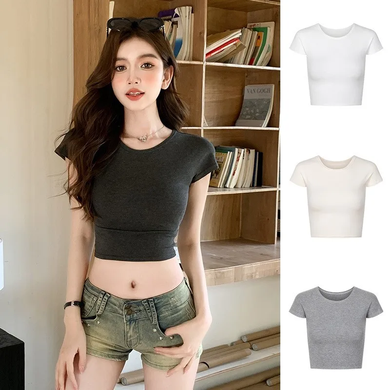 

2025 Simple design of the summer short-sleeved crop top for women; new sexy girl short T-shirt.