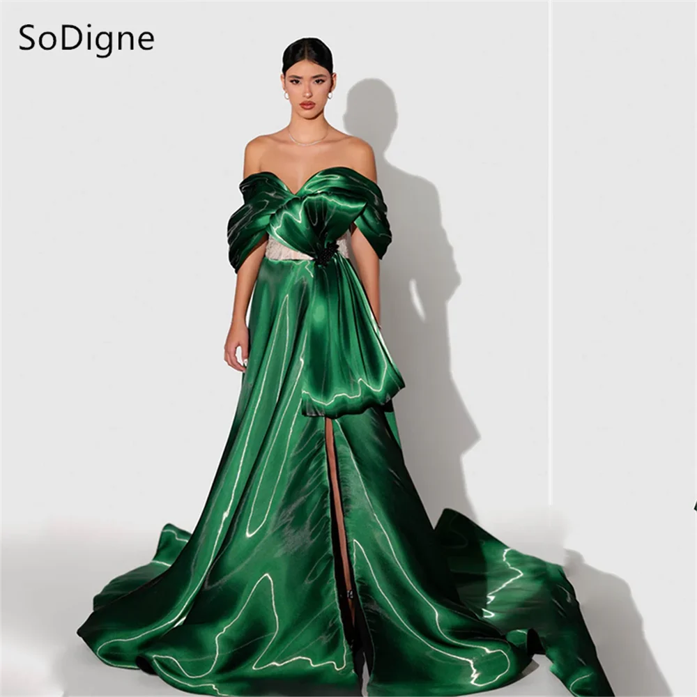 

SoDigne A-Line Shiny Satin Green Evening Dresses Off Shoulder Sweetheart Floor-Length Party Dress Modern Prom Gowns Customized