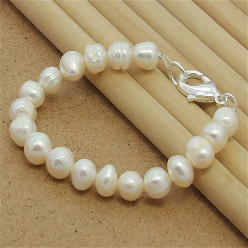 

Natural White 8mm Pearl Bracelet 925 Sterling Silver Buckle For Woman Charm Wedding Engagement Fashion Party Jewelry