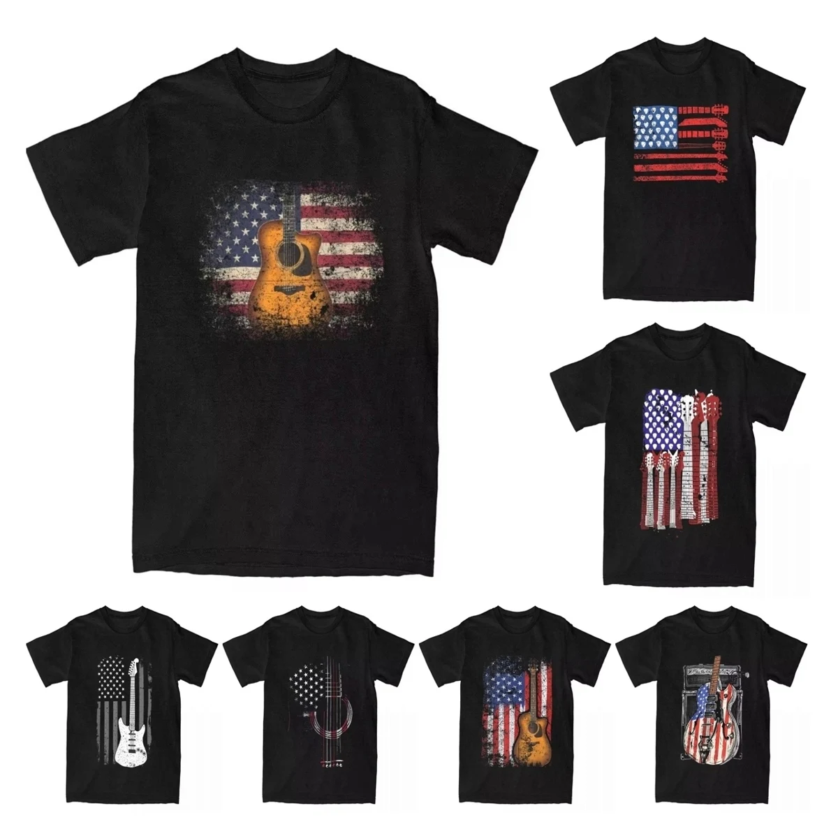 Guitar 4th Of July Gift American Flag USA Country Music T-Shirts for Men Novelty 100% Cotton Tees Cool Rock T Shirts Unique Tops