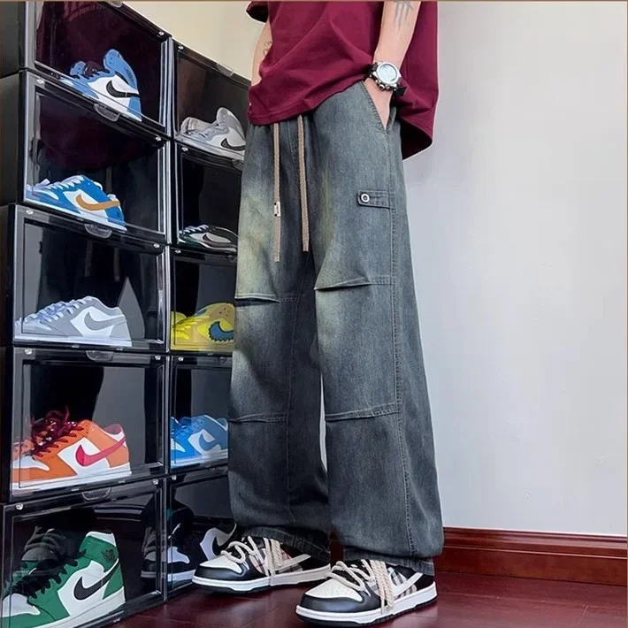 

Ретро американские повседневные широкие прямые джинсы мужские весна лето осень зима носимые потертые длинные брюки мужская модель