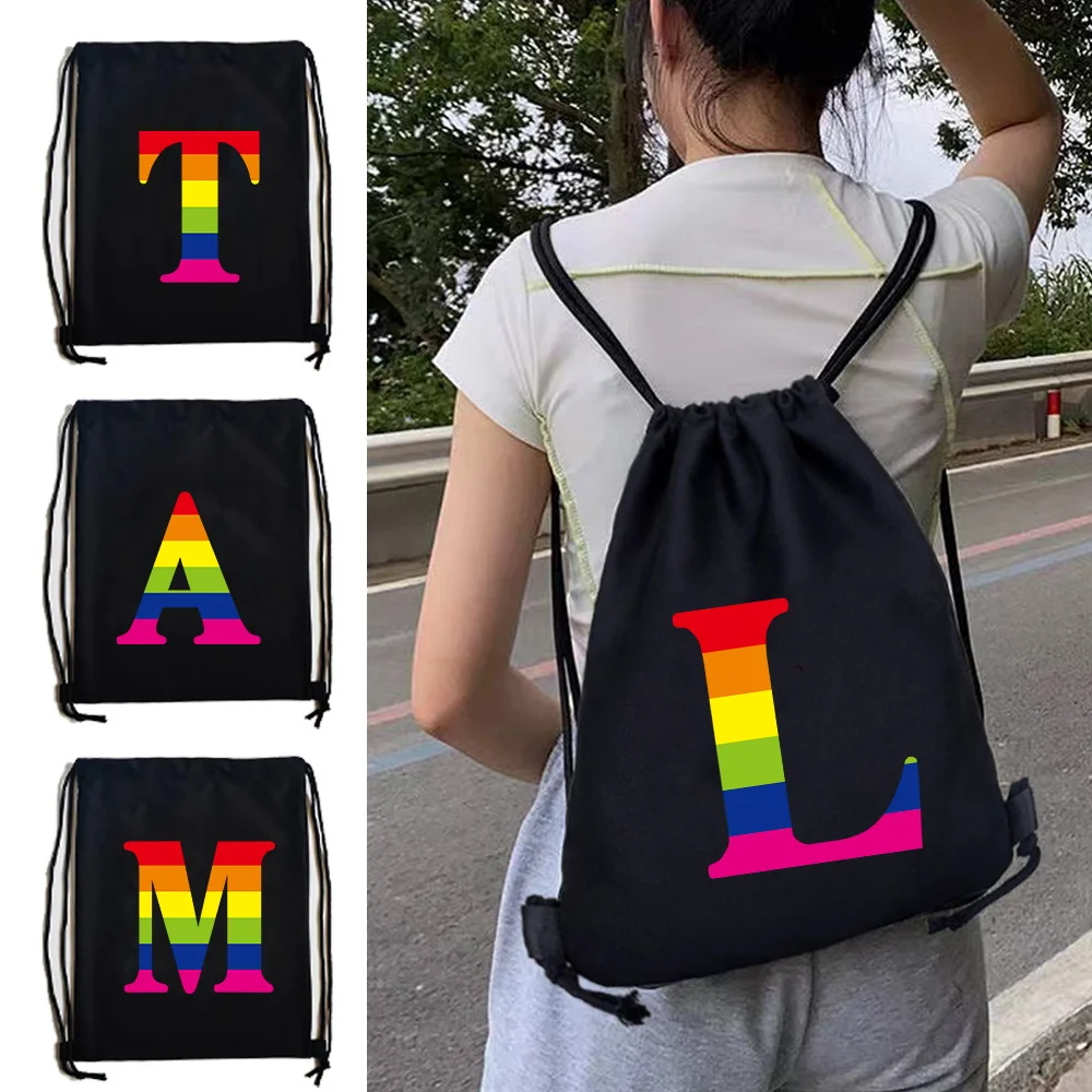 Basic Canvas Shopping Sackpack Letter Print Drawstring Sport Bag Gym Storage Daily Daypack