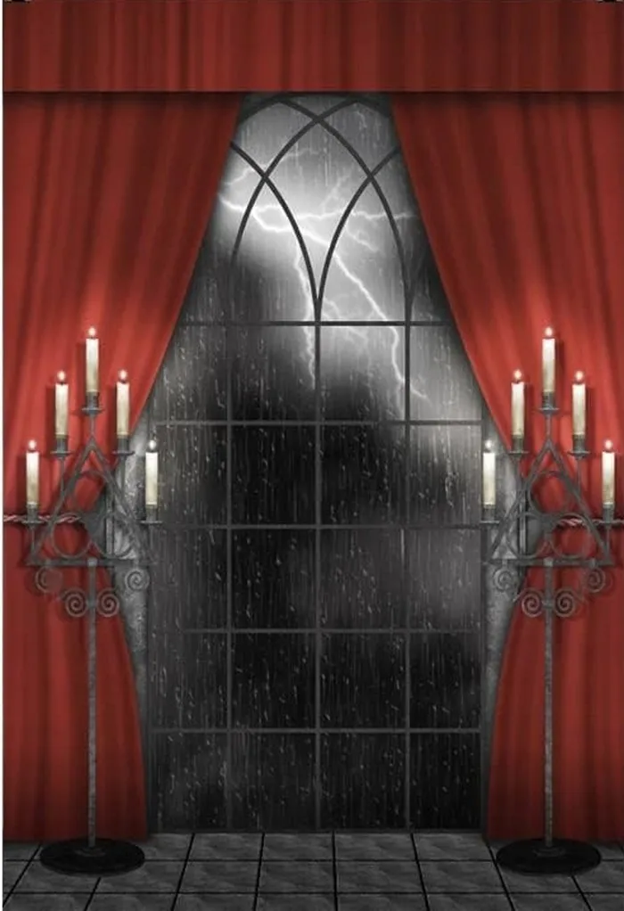 

Винтажное готическое окно, красная занавеска, молния, береговое небо, вампир, средневековый замок, фоны, настенные фоны для фотостудии