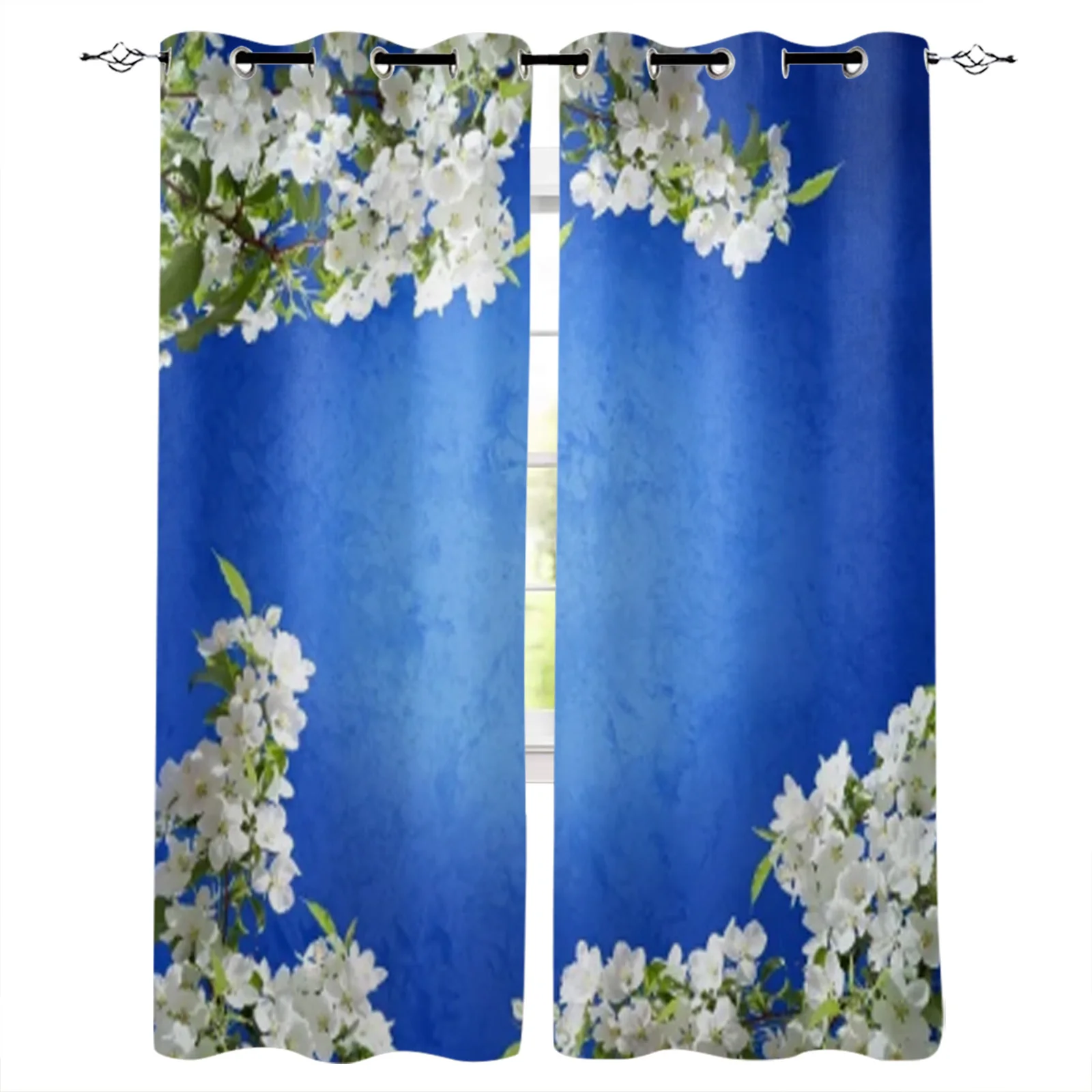 Pear Tree Blossom Spring Blue Window Treatment Curtain for Living Room Hotel Fashion Home Decor Printed Bedroom Valance Drapes