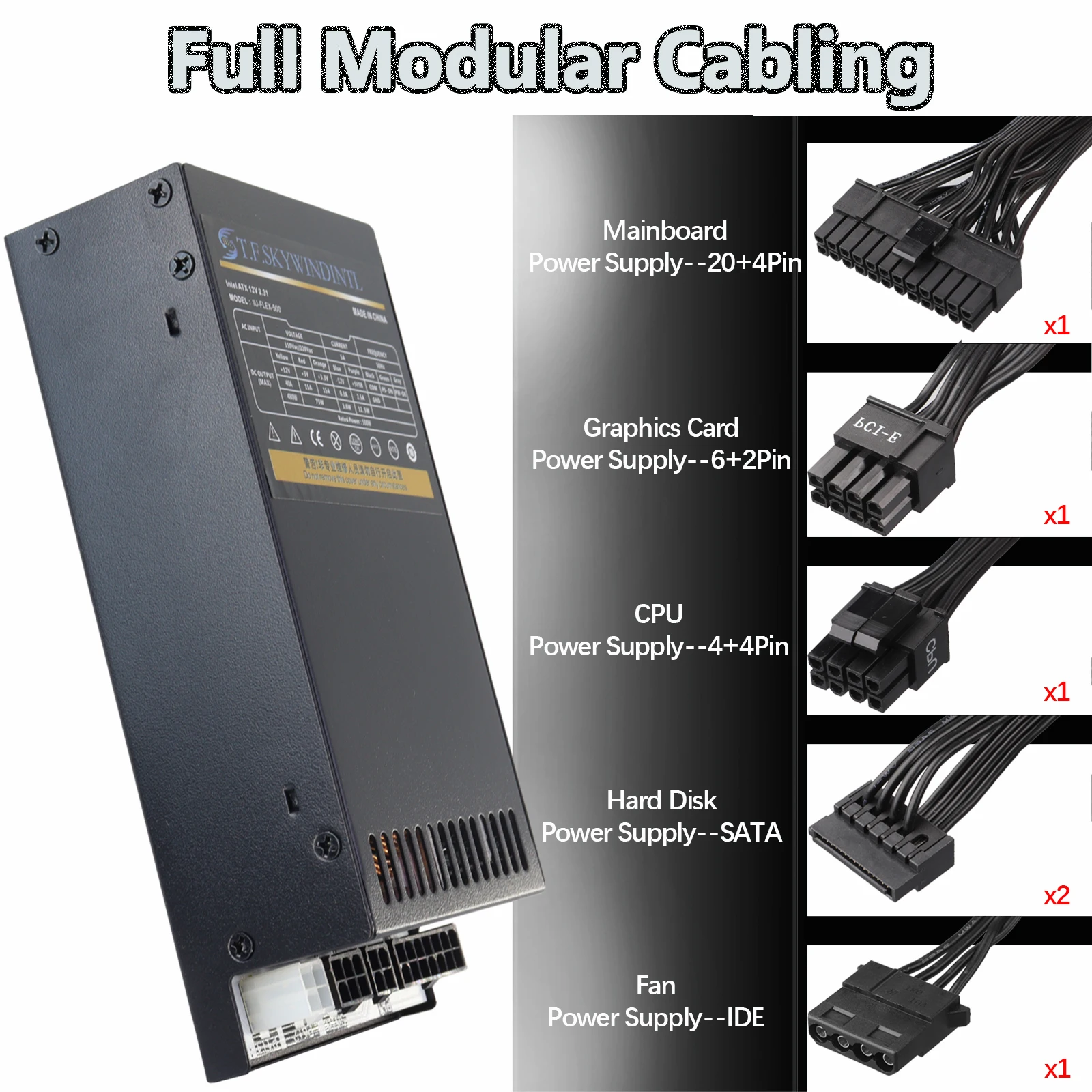500W Mini ITX Power Supply Full Modular, 100-240V Wide Voltage, APFC Active PFC, Small 1U PSU for NAS/POS/HTPC - view 3
