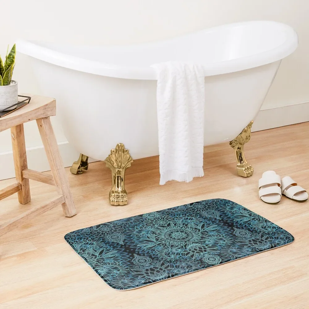 

Black, Teal & Aqua Protea Doodle Pattern Bath Mat For The Bathroom Bathrooms Accessories Novelties Mat