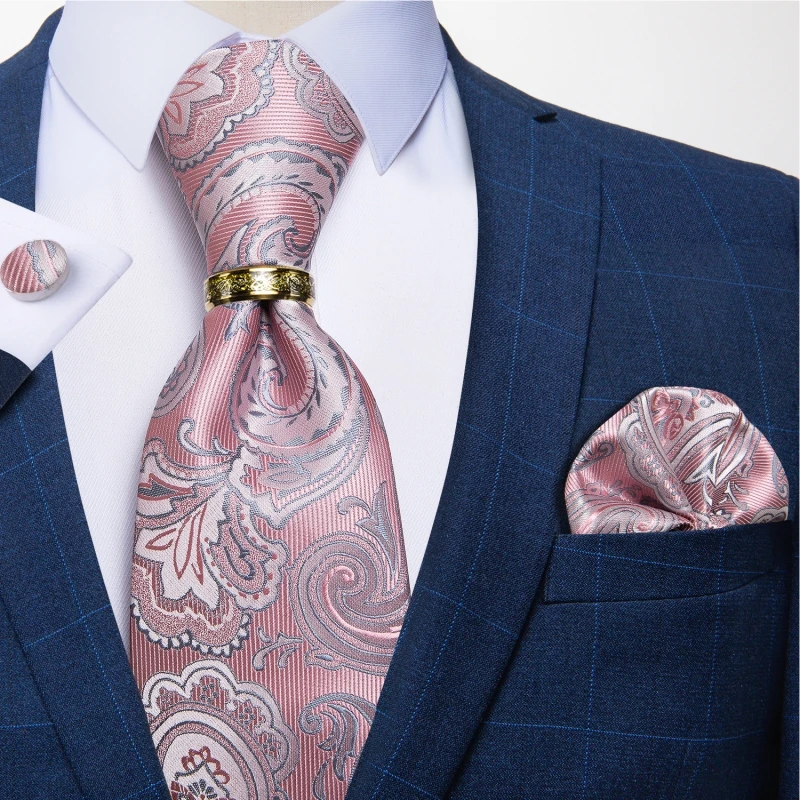 100% Silk Ties For Men Luxury Pink Paisley Neck Tie Set Wedding Accessories Handkerchief Cufflinks Tie Ring Gifts For Men