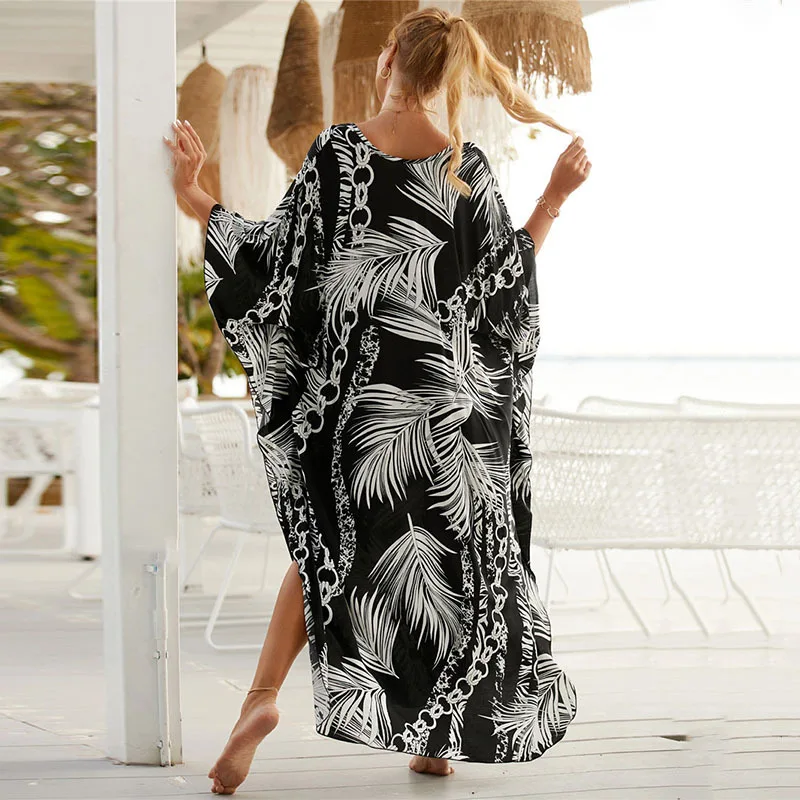 Damska sukienka plażowa Plus Size Animal Print V-Neck Batwing Kaftan Strój kąpielowy Cover-Up Loungewear