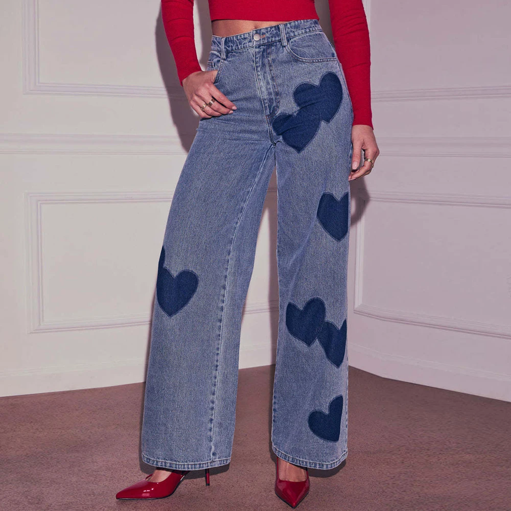 

Hipster Denim Jeans Women Love Print Pattern Straight Pants Luxury Original Contrast Color Niche Design Wide Leg Trousers Loose