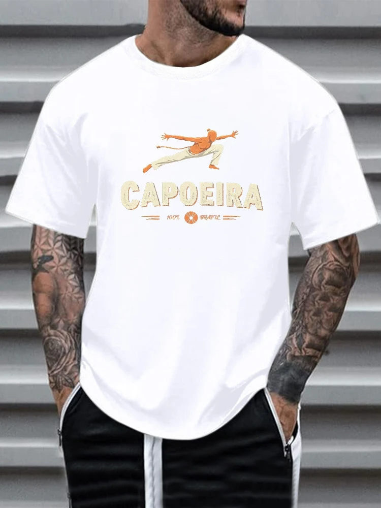 

Men's Brazilian Capoeira pattern-100% cotton, vibrant orange martial arts print, casual short-sleeved summer T-shirt.
