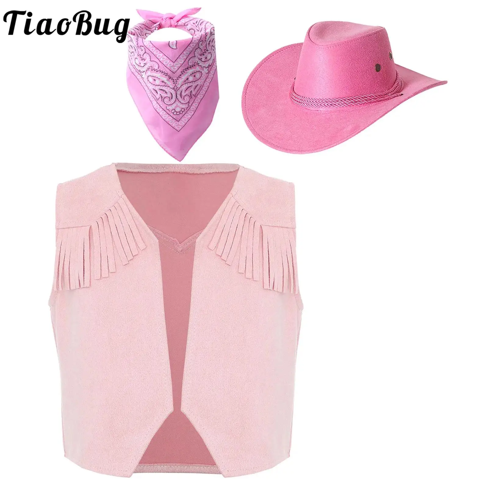 

Western Cowboy Costume for Boys Girls Tassel Vest Waistcoat Drawstring Sun Hat and Bandanna Suit Halloween Carnival Party Outfit