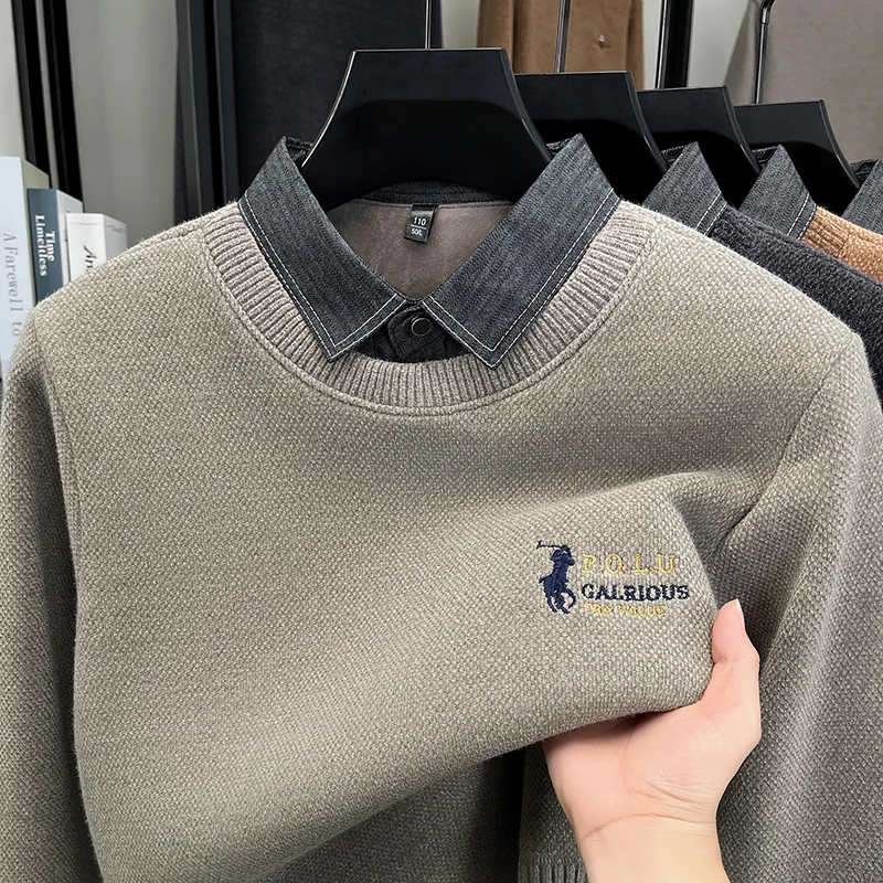 

Fake Two Chenille Knitwear Men's Sweater with Thickened Velvet 2025 New Autumn and Winter Collar