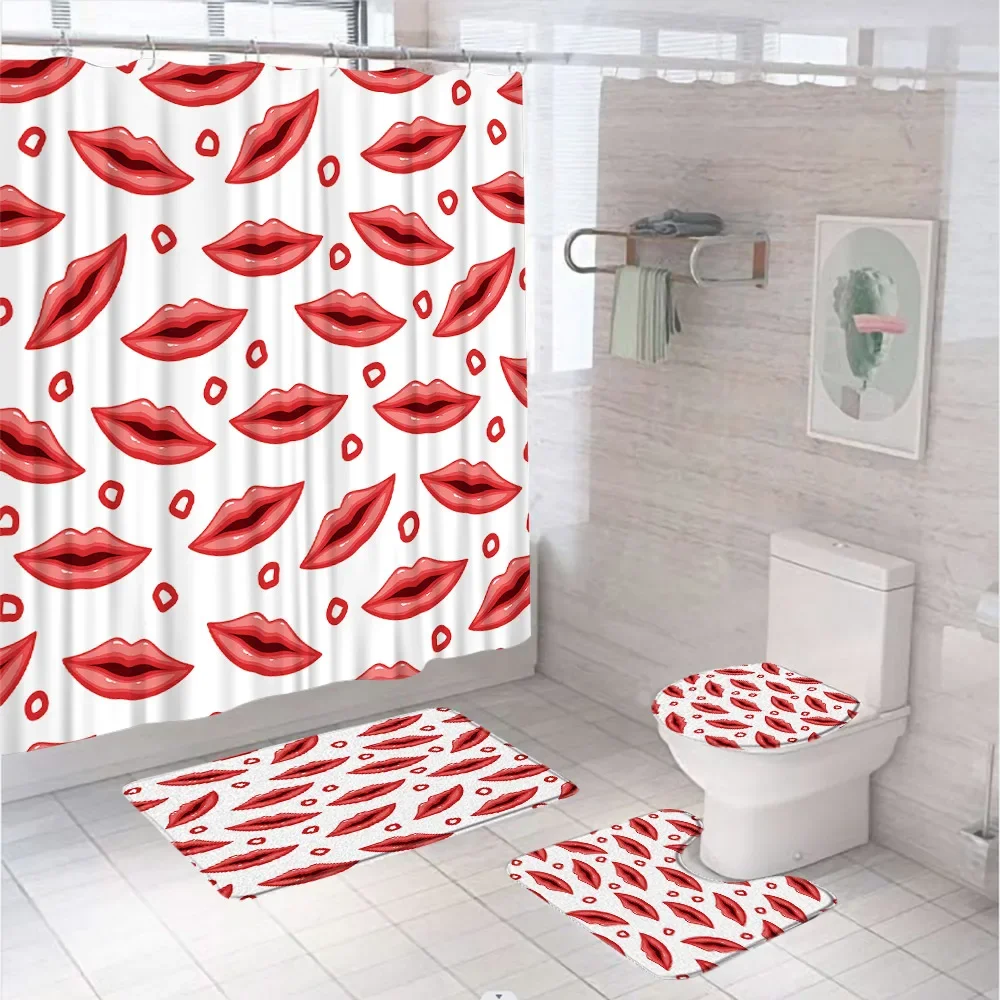 Fashion Girl Pink Lips Shower Curtain Set Charming Lipstick Makeup Romantic Modern Bathroom Curtains Rug Toilet Cover Bath Mats