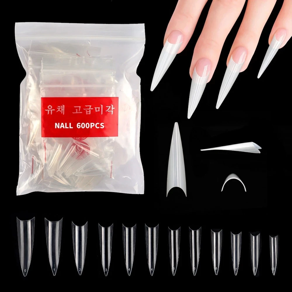 

600pcs/bag Acrylic Medium Long Stiletto Nail Tips Easy Coffin Nails Sharp False Nail Art Tips For Nails Salon Clear