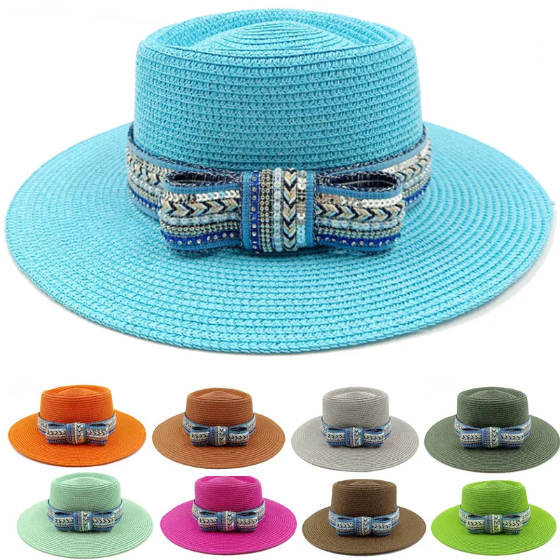 

Pearl Sun Hat Bow Accessories Set Diamond Lake Blue Summer Sun Hat Travel Straw Hat Men's and Women's Beach Hat Gorras Homebre