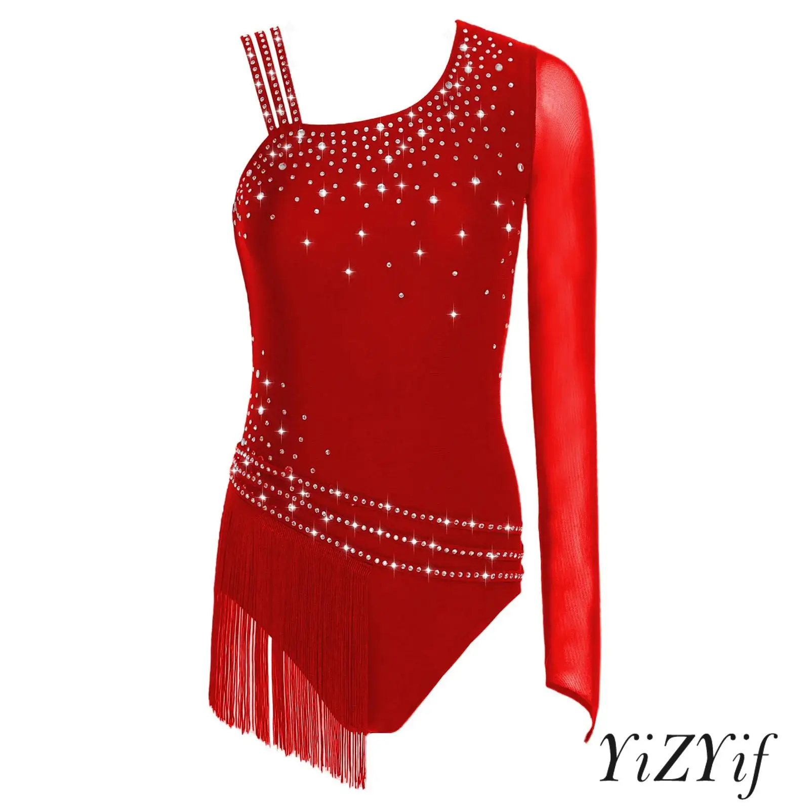 

Womens Gymnastics Figure Skating Leotard Asymmetric Shoulder Glittery Rhinestone Tassel Fringe Bodysuit Latin Lyrical Dancewear