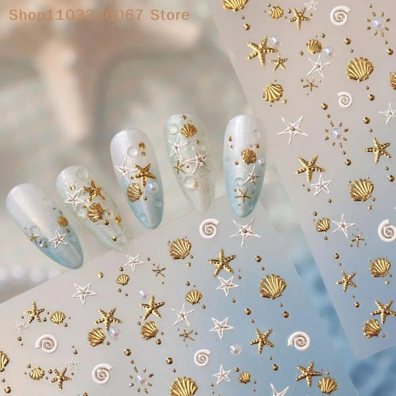 【HLS】Gold Stamped 3D Nail Art Stickers Self Adhesive Pearl Shell Conch Design for Nail Salon Home DIY Use