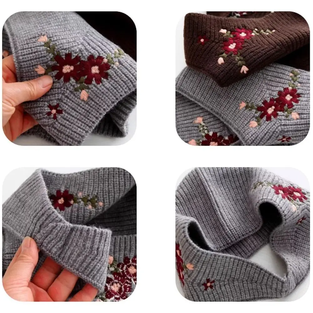 Casual Floral Flower Embroidery Knitted Hat Warm Retro Earflap Hat Ear Protectors Headband Bandana Scarf Accessories