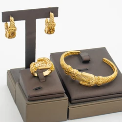 Ethiopian Gold Color Jewelry Set for Party Hoop Earrings and Bangle Ring 3Pcs Set African Bracelet Ring Jewelry Accessories