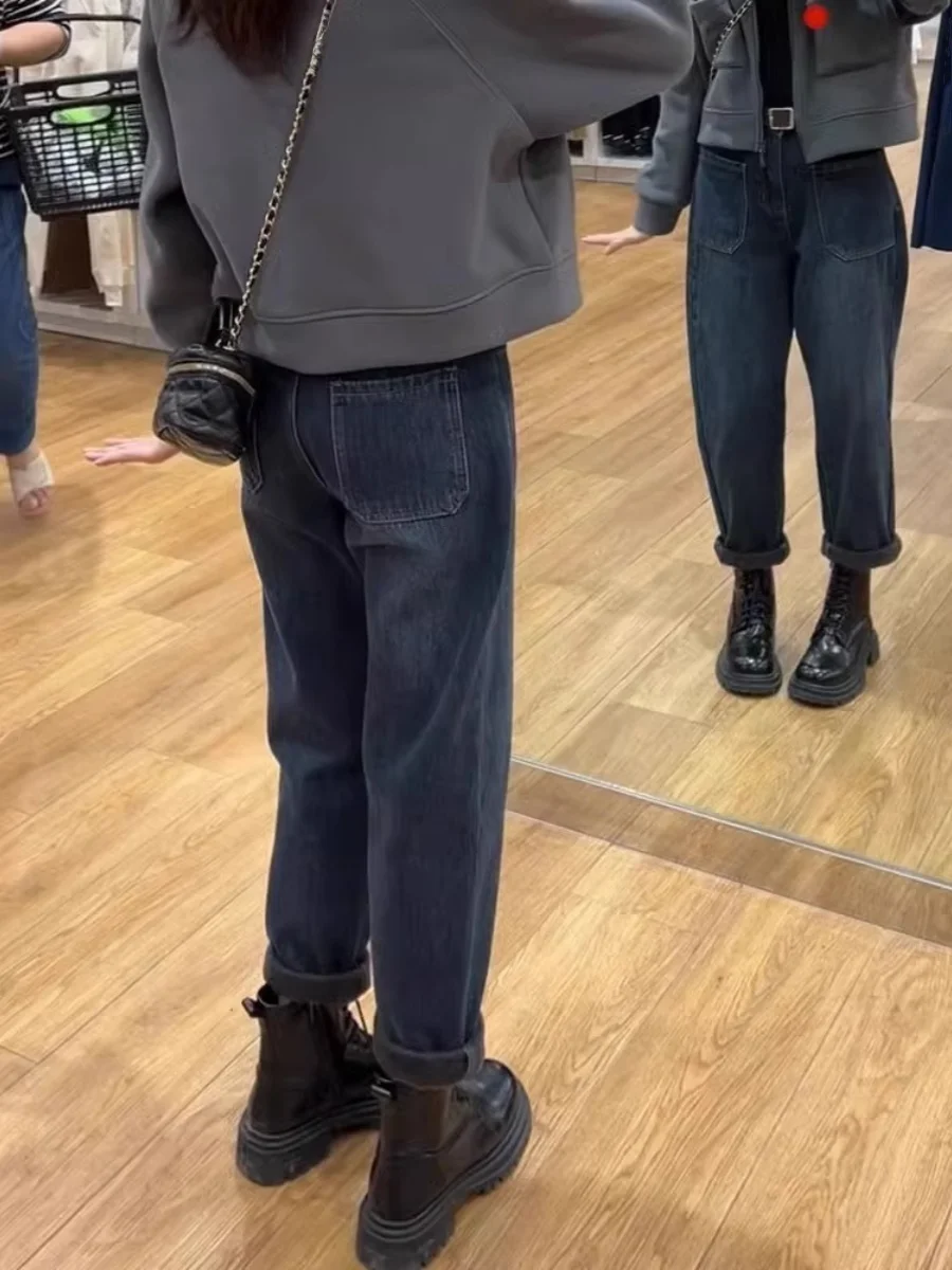 Fall Fce Gevoerde Dad Jeans Dames Afslankende Hoge Taille Wortelbroek Katoen Stretch Denim Anti-Rimpel Thi Winterjeans