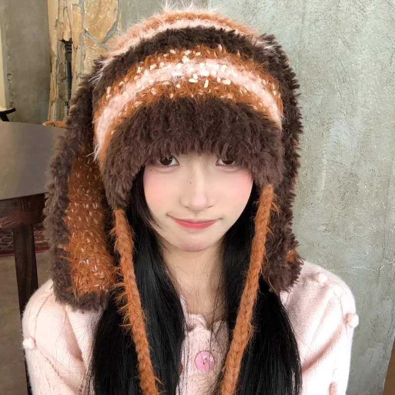 جديد Y2K مضحك آذان أرنب أفخم بيني للنساء الخريف الشتاء الدافئة تنوعا المتناقضة اللون مخطط بلوفر مغزول القبعات