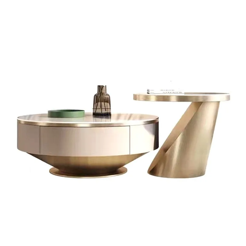 

Light luxury living room home coffee table creative simple modern stainless steel rock slab round size coffee table