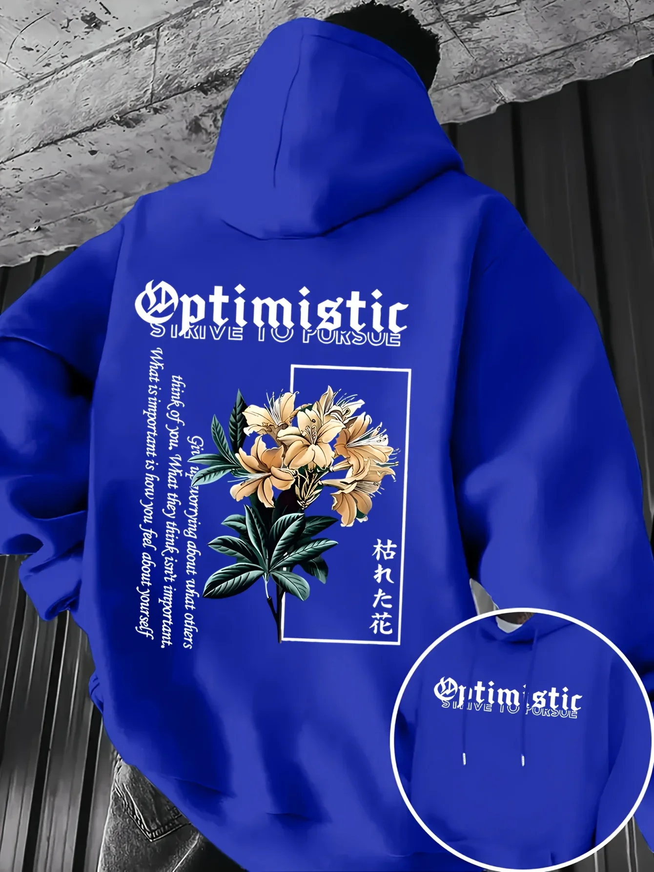 Sweat-shirt à capuche oversize pour homme, imprimé graphique streetwear avec lettres gothiques optimistes, fleurs jaunes et texte japonais, coupe ample