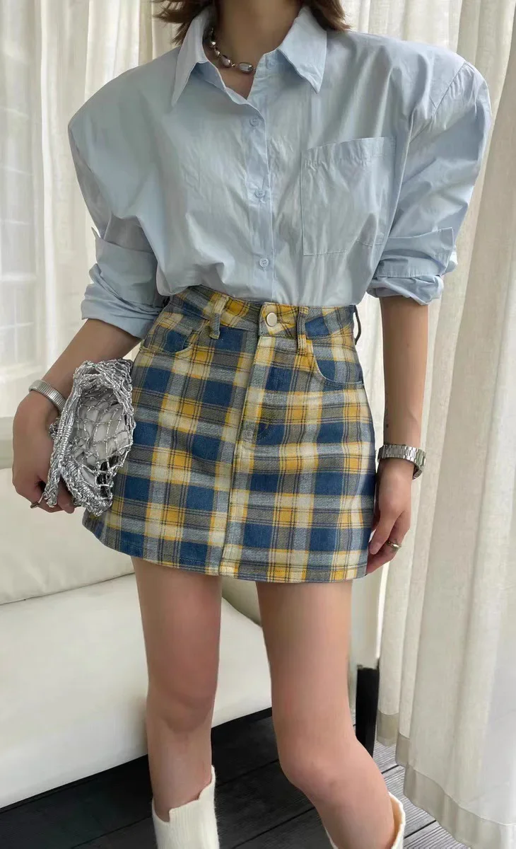 Cowboy short skirt female 2024 summer dress new Korean version of high waist niche orange plaid slim bag hip A-word skirt.