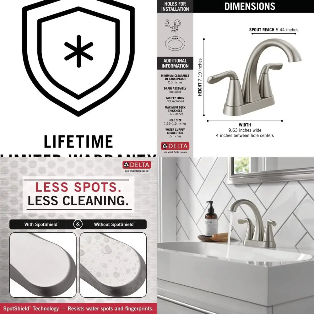 

Смеситель для раковины в ванной комнате из матового никеля с 2 ручками и центральной крышкой SpotShield из нержавеющей стали, 25840LF-SS