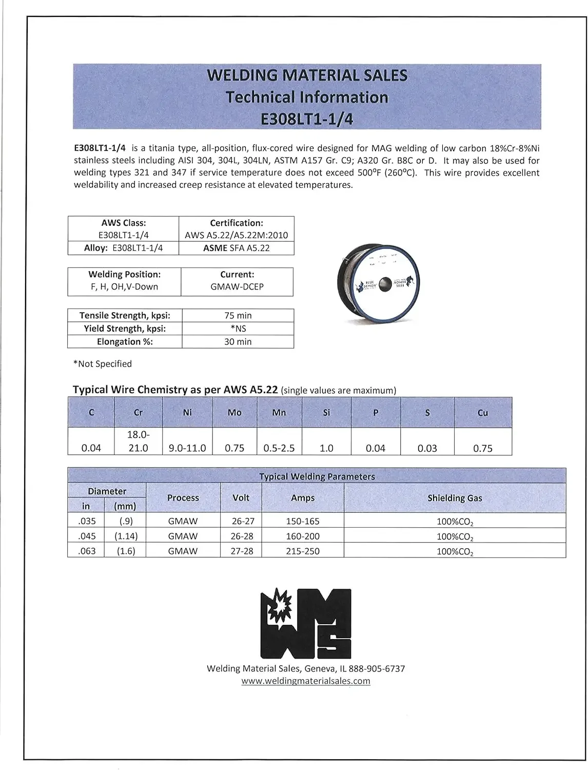 Demon 308LT1/4 X .035 X 33LB Spool stainless steel flux core gas shielded welding wire