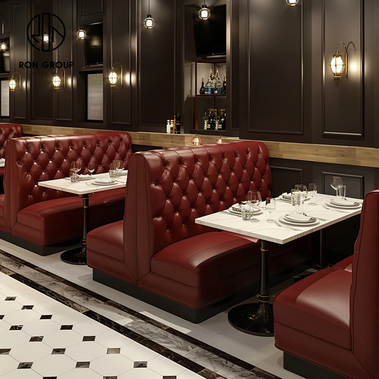 Ron Group Hotel Furniture Restaurant Square Marble Table With Booth Leather High Back Chair Set Dark Red Tufted Booth Seating