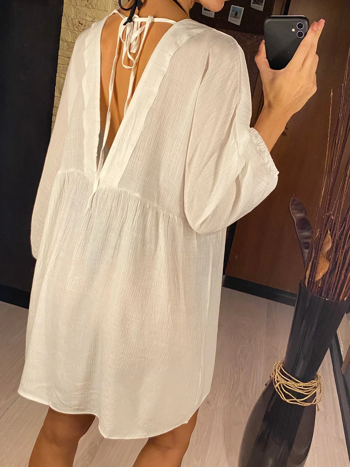 ใหม่เซ็กซี่แขนยาว V คอผ้าฝ้าย Tunic Beach COVER UP COVER-UPS ชุดชายหาดชายหาด Beachwear หญิงผู้หญิง v5032