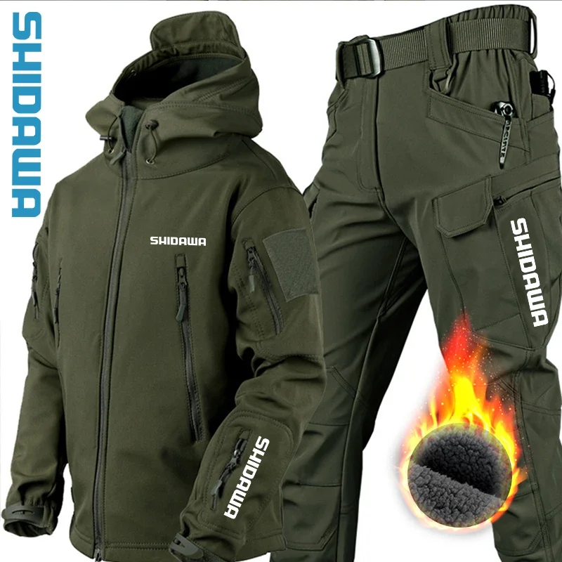 2024 winter Warm Fishing Sets Men Winter Windproof Waterproof Shark Skin Soft Shell Tactical Jacket Army Cargo Pant 2 Piece Set