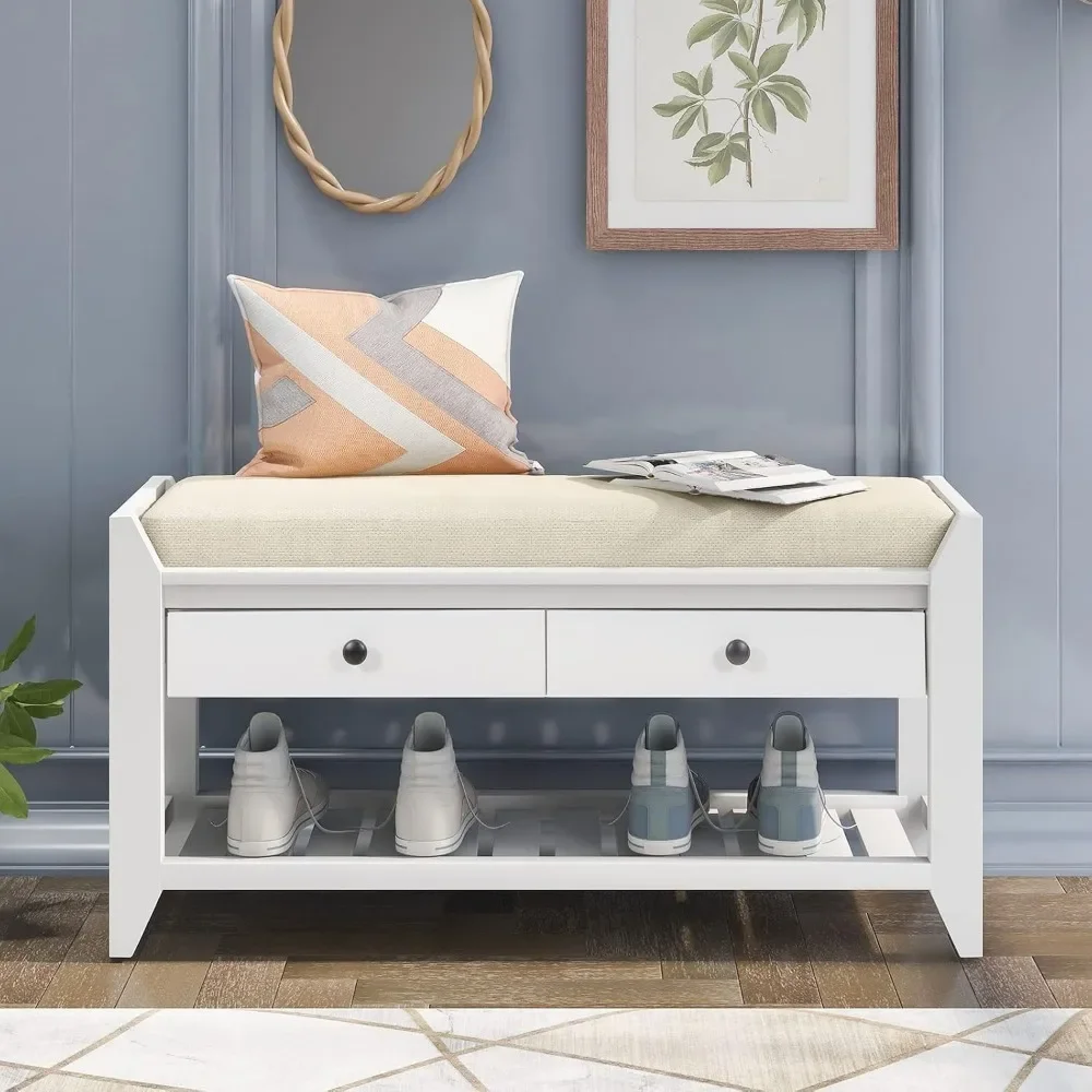 with 2 Drawers and Storage Shelf, Hallway Bench Shoe Cabinet Shoe Bench fo Entryway Storage Bench with Cushioned Seat Shoe Rack