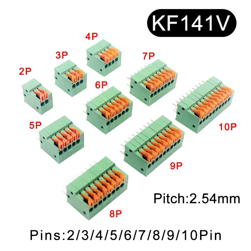 5/10Pcs 2.54mm Pitch KF141V KF141R Push-in Spring Screwless Terminal Block Straight/Bent Foot 2/3/4/5/6/7/8/9/10P PCB Connector