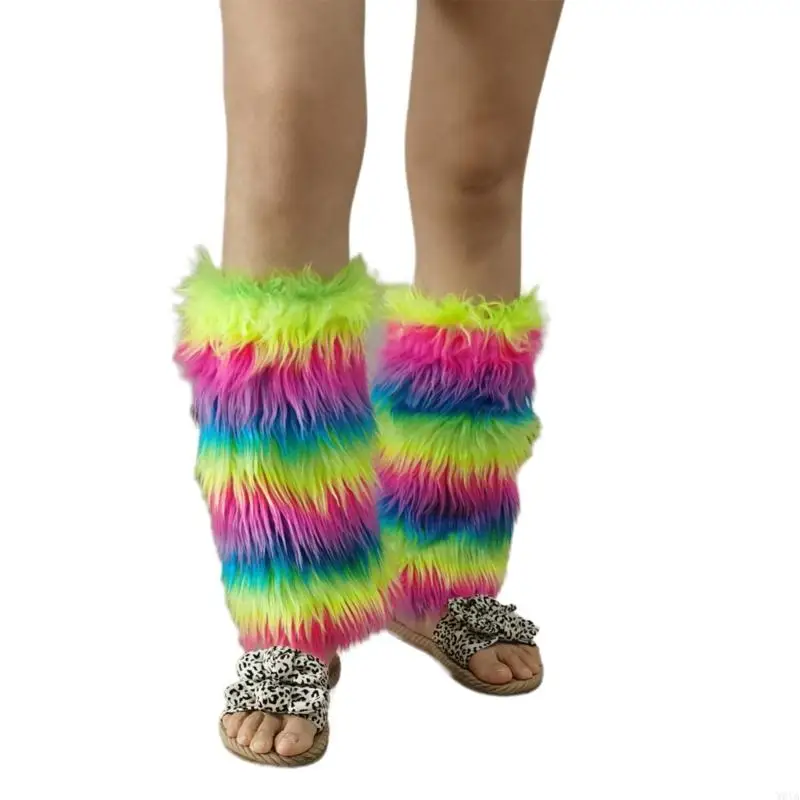 W0YA Scaldamuscoli in peluche da donna Calzini coprigambe con polsini per stivali invernali pelosi arcobaleno vintage