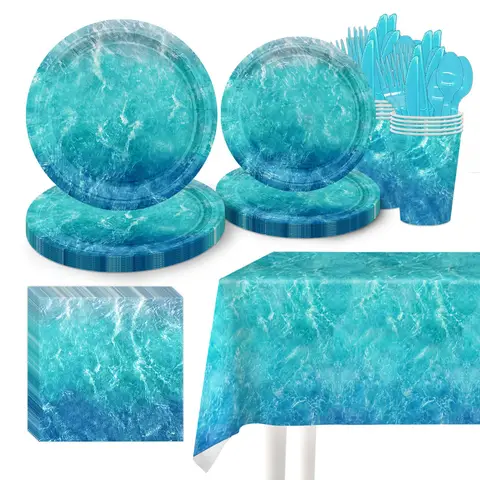 10PCS Blue Ocean Theme DIsposable Tableware Wave Beach Plate Napkin Cup Under The Sea Happy Birthday Party Supplies