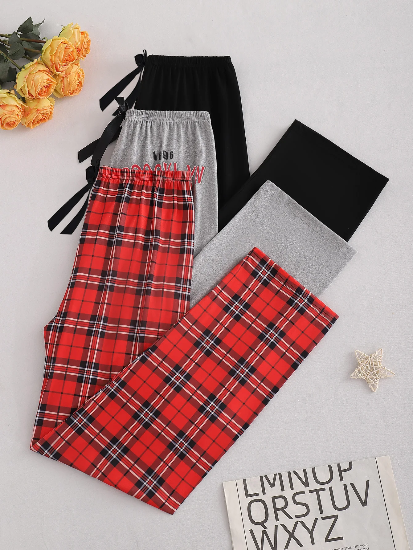 

3 шт., женские пижамные штаны на четыре сезона, черные, серые, красные клетчатые пижамные штаны, приятные для кожи, удобные украшения с бантом