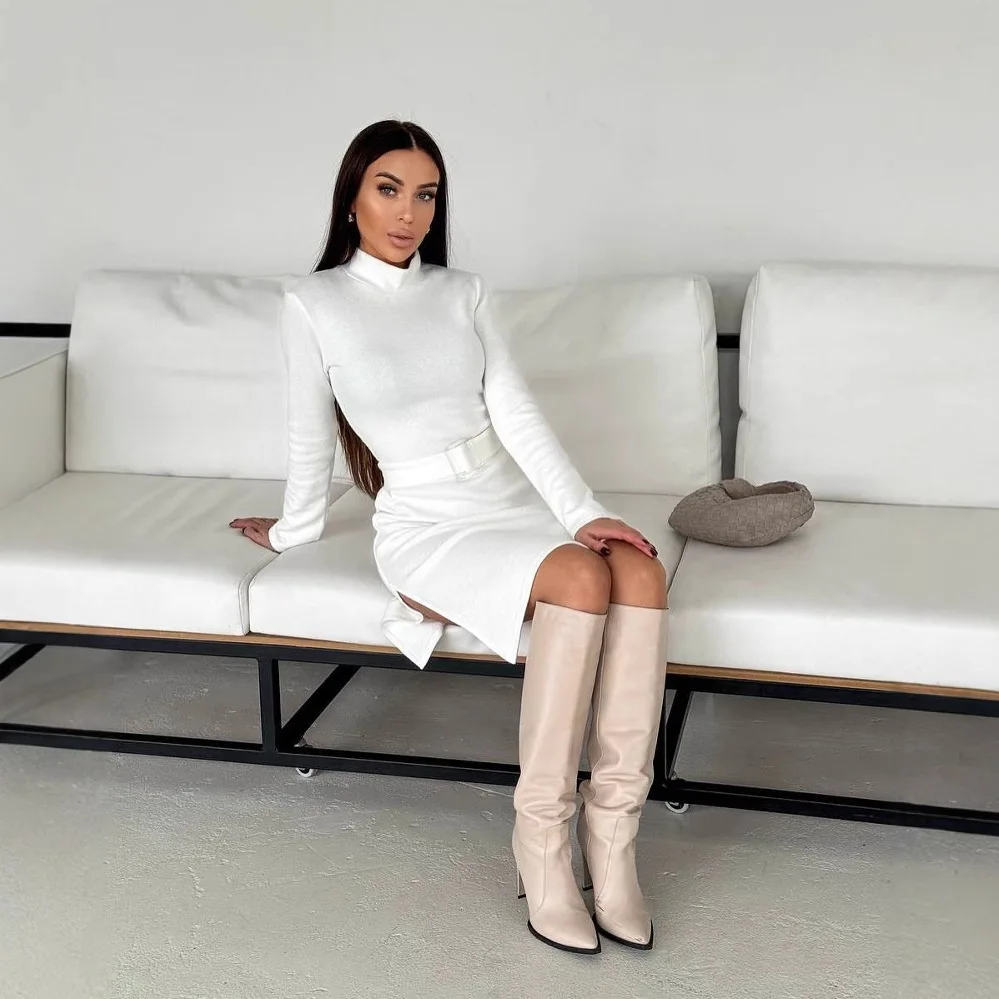 Europeu e americano sexy de alta qualidade vestido de cor sólida hepburn vento menina de gola alta de manga comprida magro saia longa vestido feminino