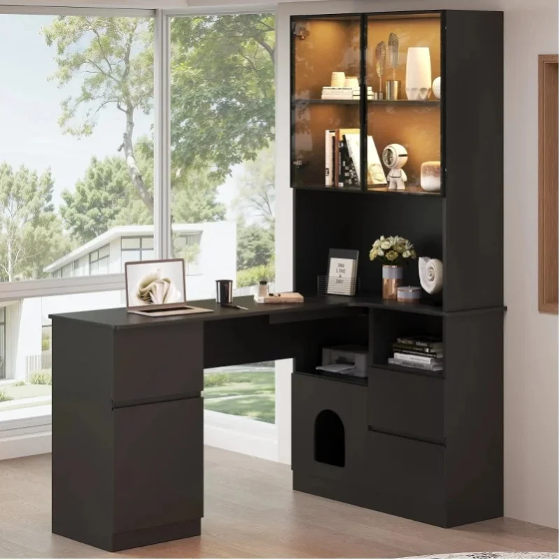L-förmiger Eckschreibtisch mit Regal und LED-Vitrine, 120x80x180cm Home-Office-Schreibtisch mit integriertem Bücherregal, Kabeldurchführung, 3 Schubladen, 2 Türen und offenen Fächern, Arbeitsplatz,