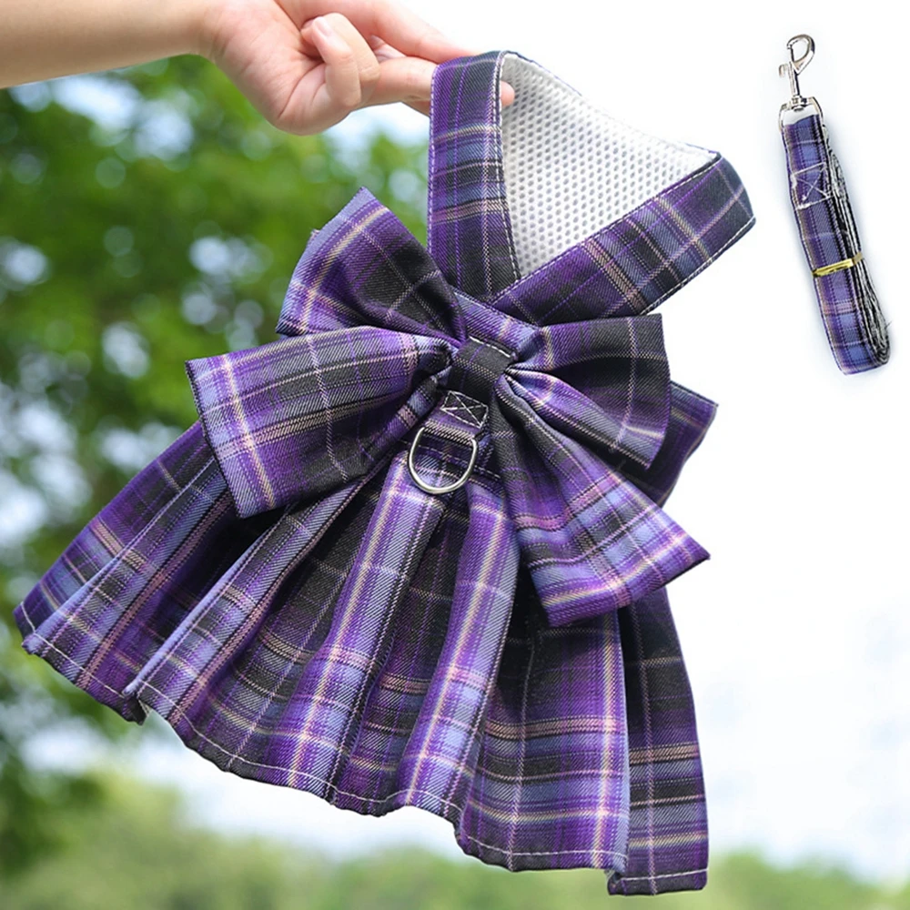 Dog Collar Dress Bow Pet Harness Skirt Vest Clothes Pet Dog Dress Up Harness Clothing with Leash Traction Rope Princess Dress